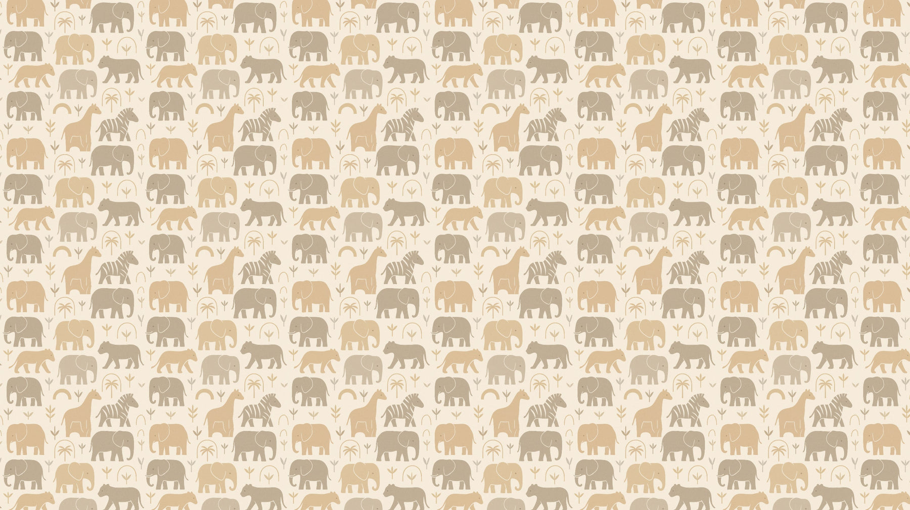 Detailed safari animals mural wallpaper design pattern showing elephants, zebras and botanical elements