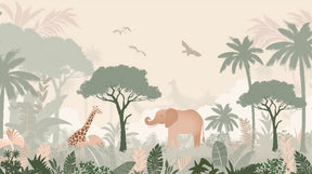 Detailed pastel safari animals mural wallpaper design pattern with elephants and giraffes by Kids-Mundo