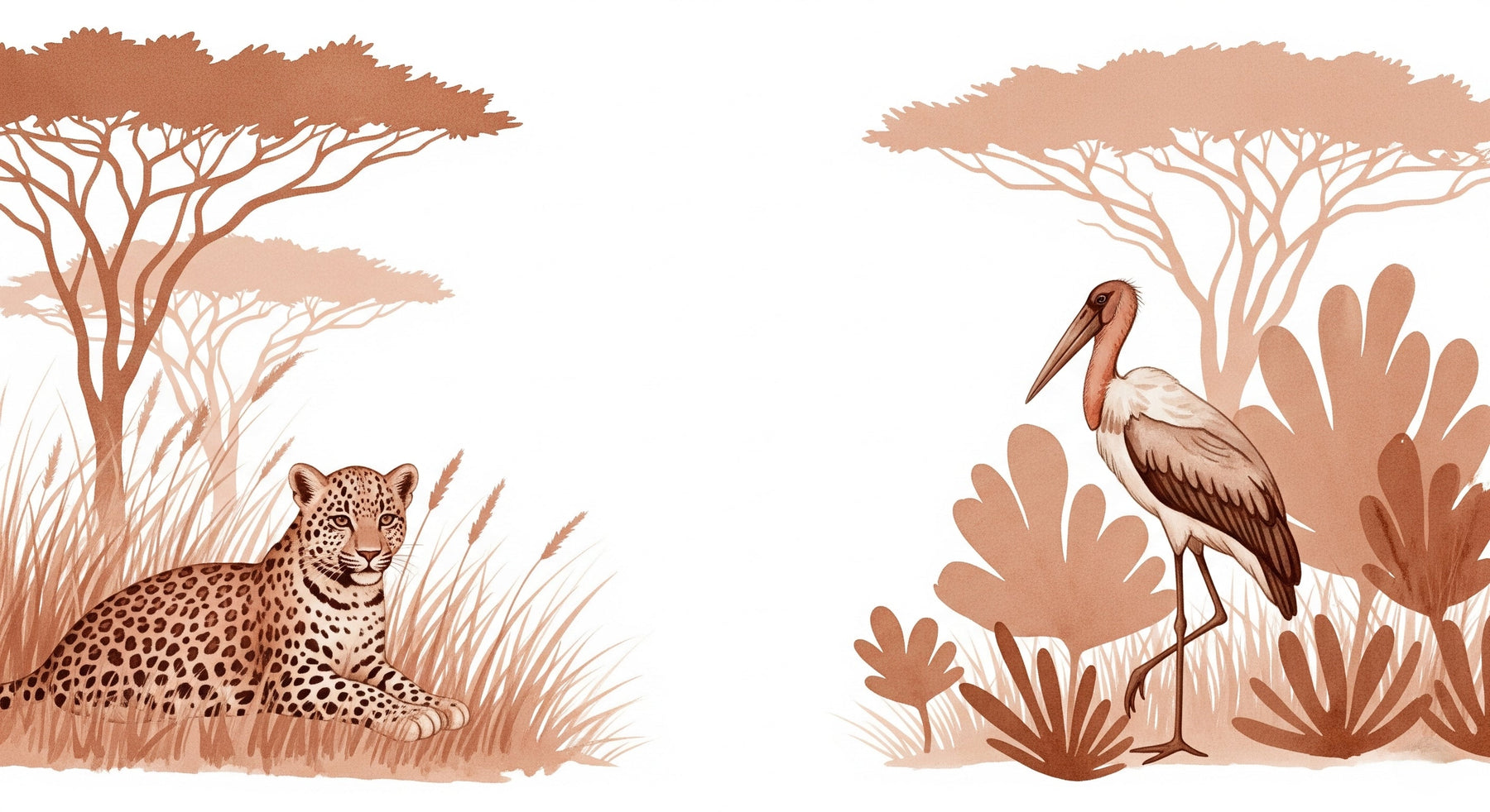 Detailed safari animals mural wallpaper design pattern with leopard and flamingo by Kids-Mundo