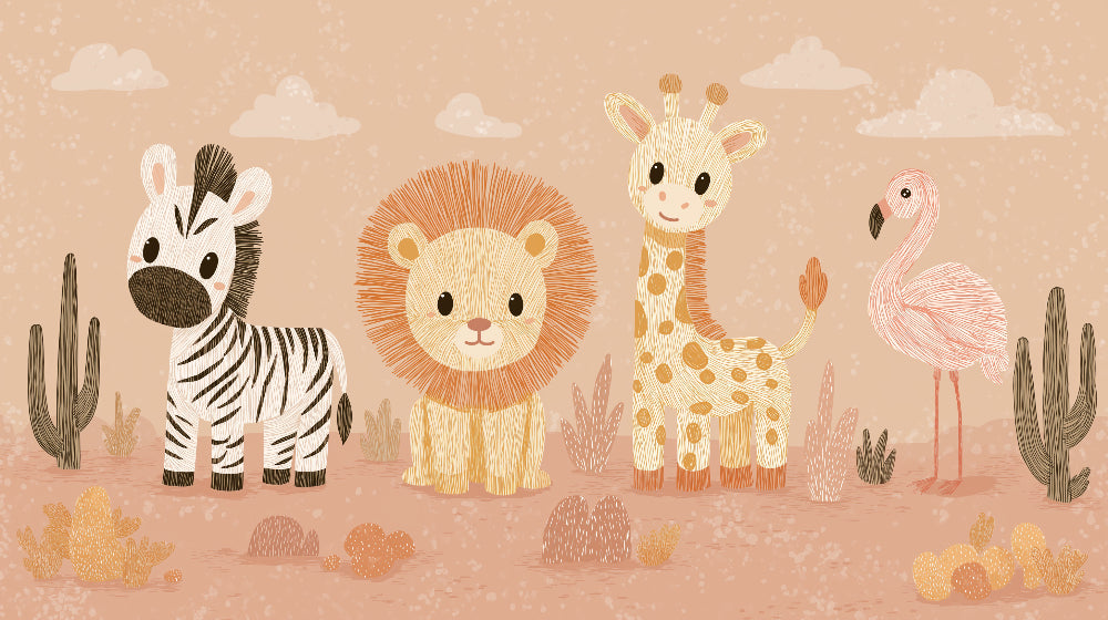 Detailed safari animals mural wallpaper design pattern showing zebra lion giraffe flamingo by Kids-Mundo