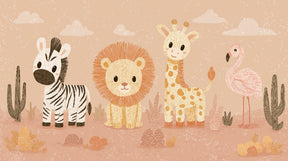Detailed safari animals mural wallpaper design pattern showing zebra lion giraffe flamingo by Kids-Mundo