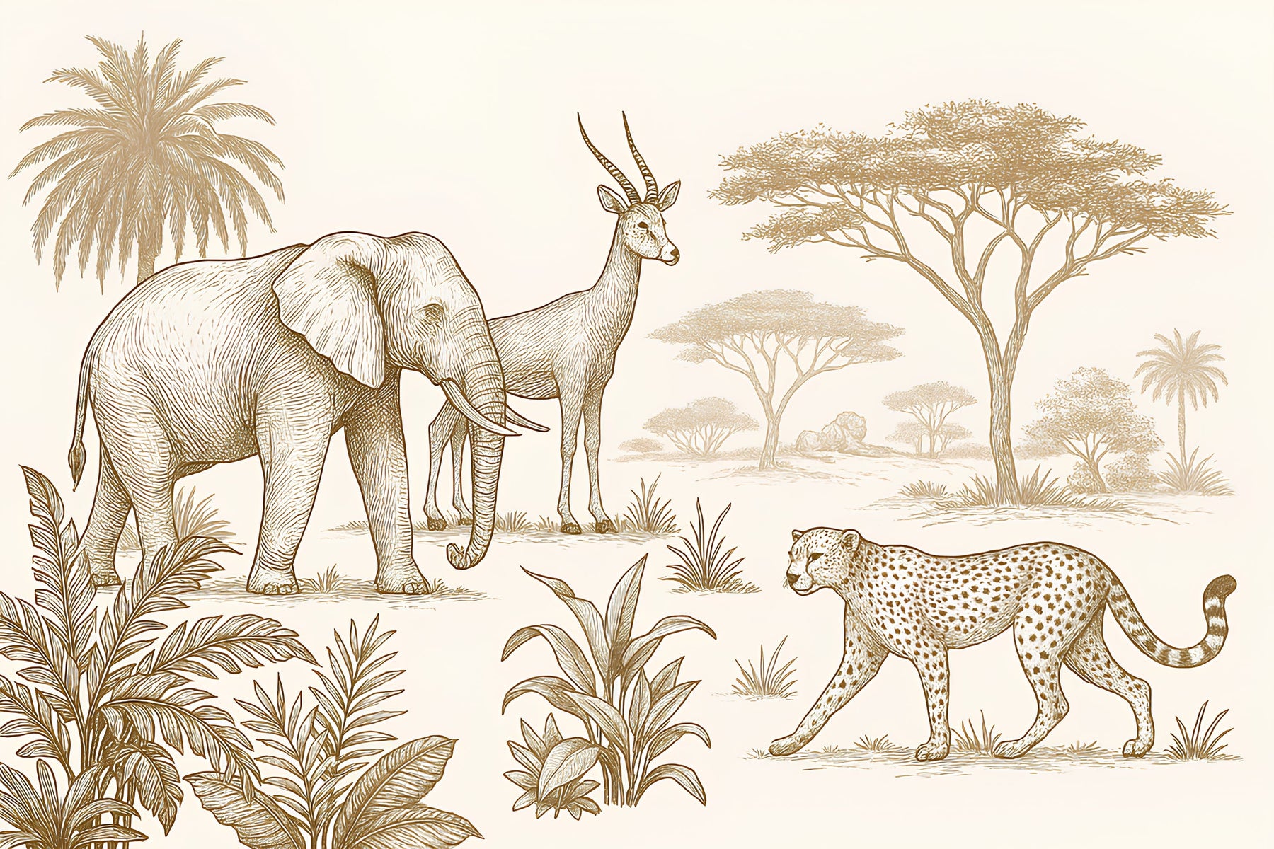 Detailed safari animals mural wallpaper design pattern with elephants and leopards by Kids-Mundo