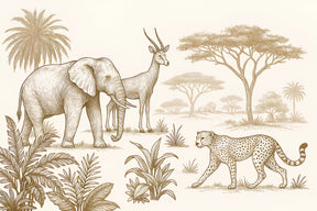 Detailed safari animals mural wallpaper design pattern with elephants and leopards by Kids-Mundo