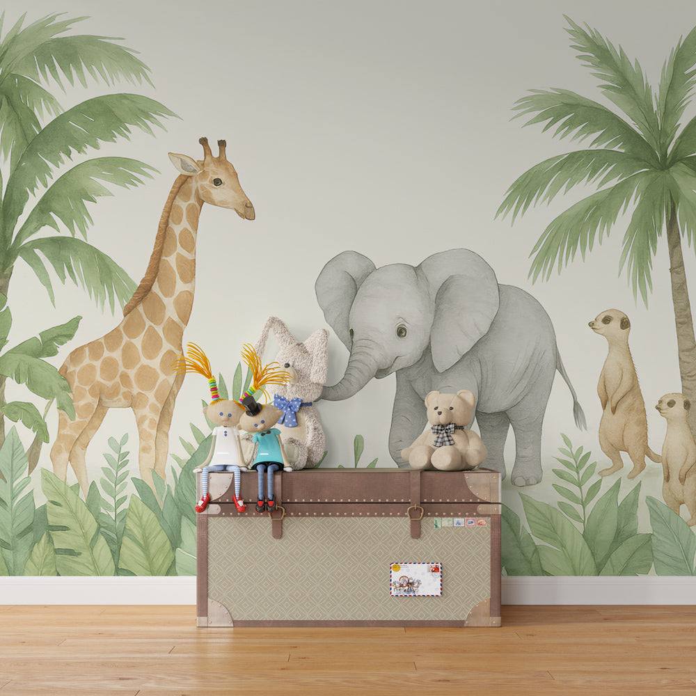 Jungle adventure mural wallpaper creating wildlife themed kids bedroom decor with natural colors