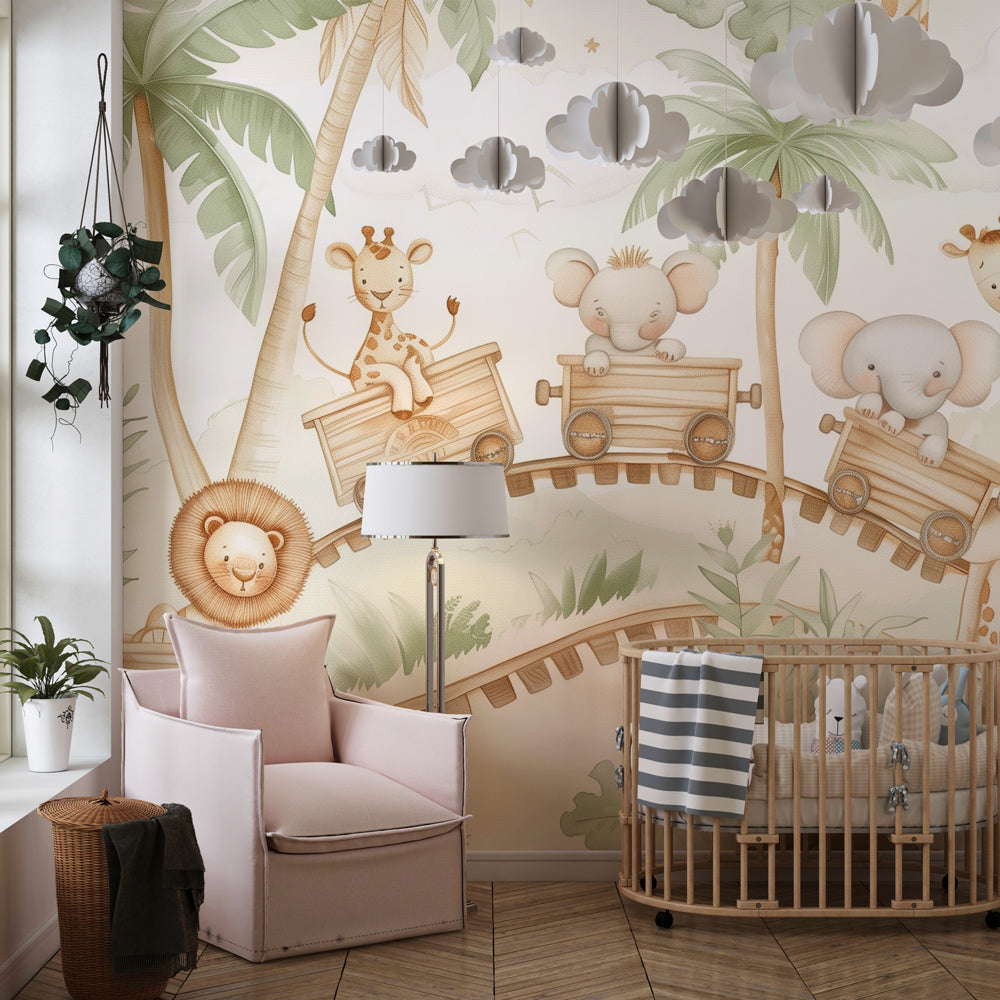 Enchanted jungle wallpaper creating adventurous safari atmosphere in children's bedroom decor