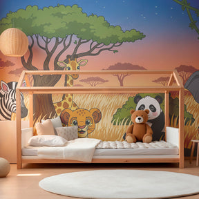 Colorful safari wallpaper with lion elephant giraffe creating adventure theme in children's room
