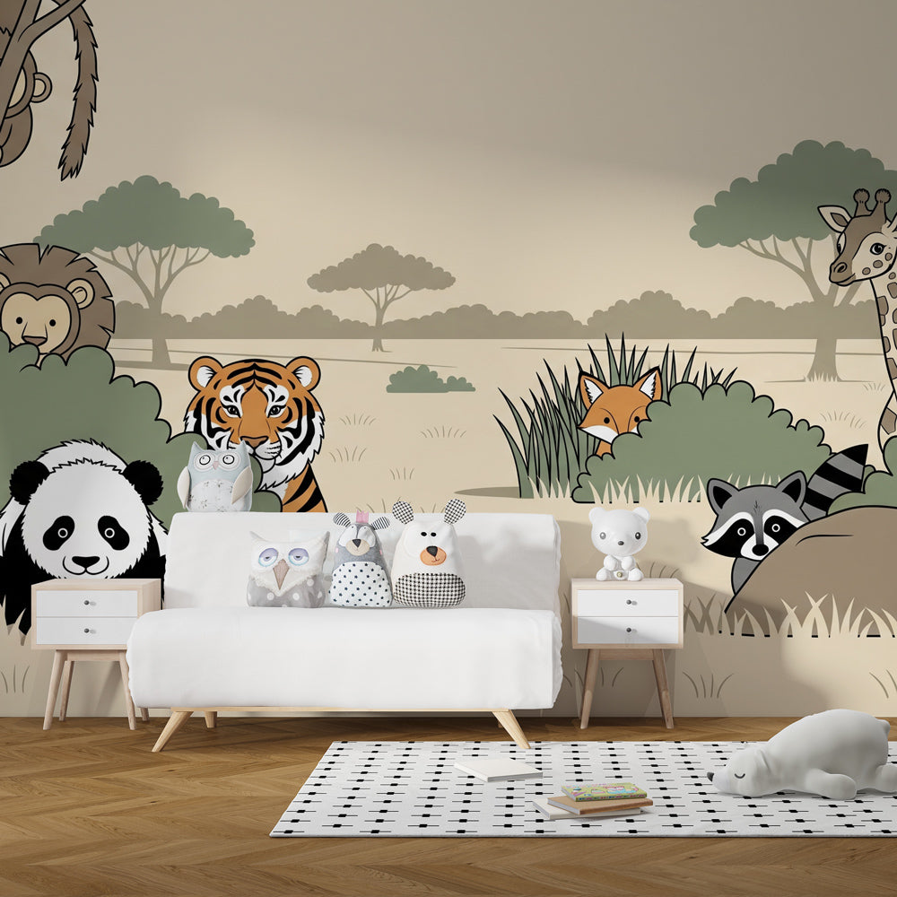 Wild safari wallpaper creating adventurous children's bedroom with beige and green animal theme