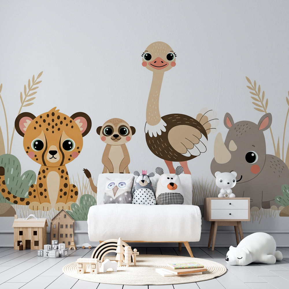 Playful savanna animals wallpaper creating adventure-themed children's bedroom decor