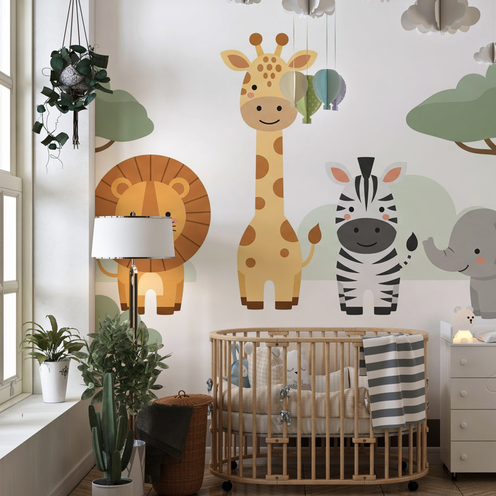 Happy savanna animals wallpaper creating playful children's bedroom decor with natural wood furniture