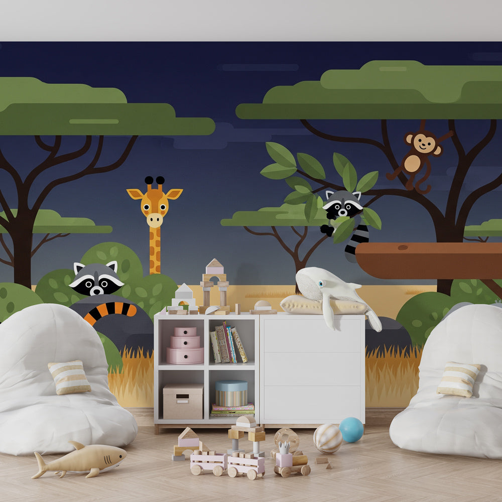 Playful jungle animal wallpaper creating adventure-themed children's bedroom decor