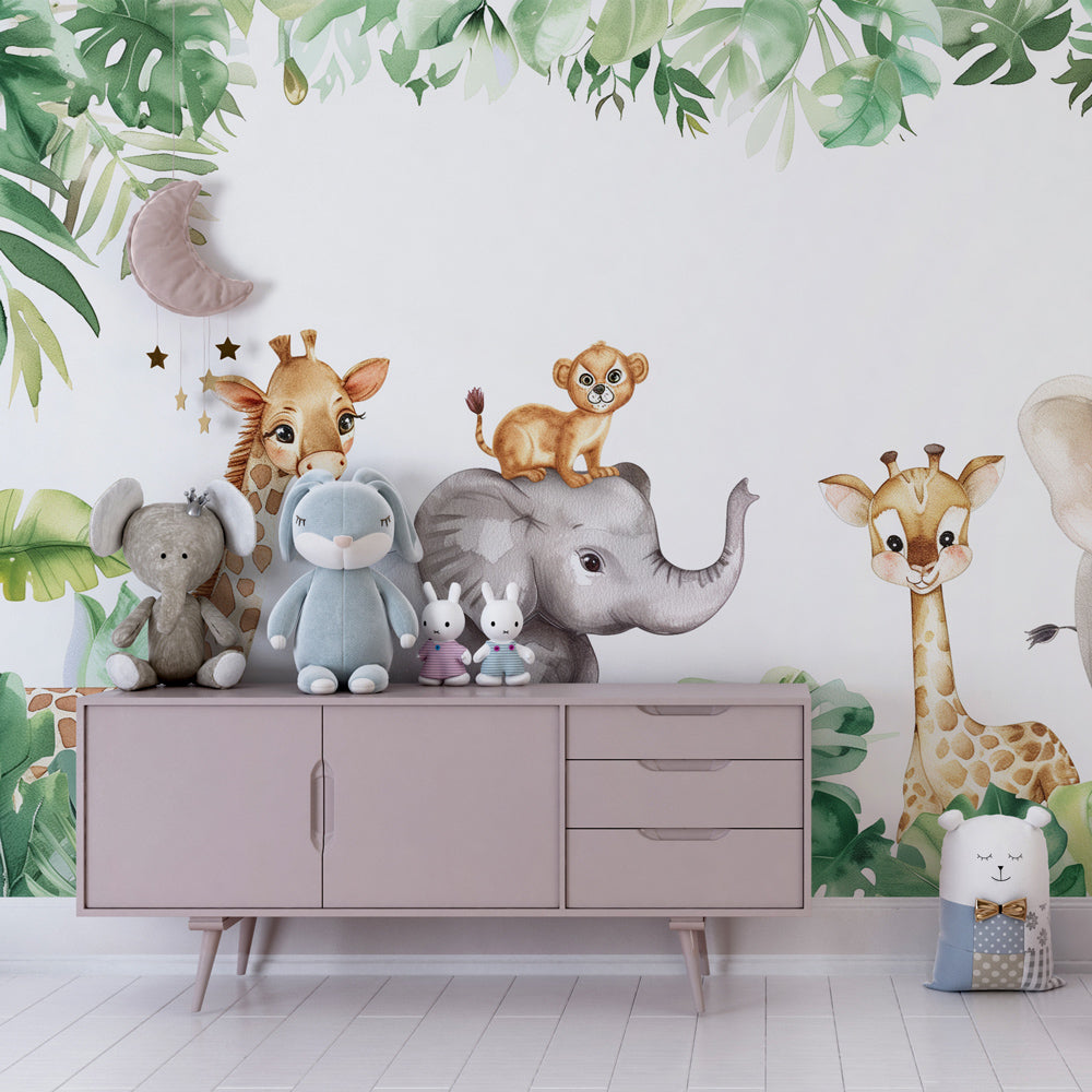 Tropical jungle mural wallpaper with exotic animals in modern children's bedroom by Kids-Mundo