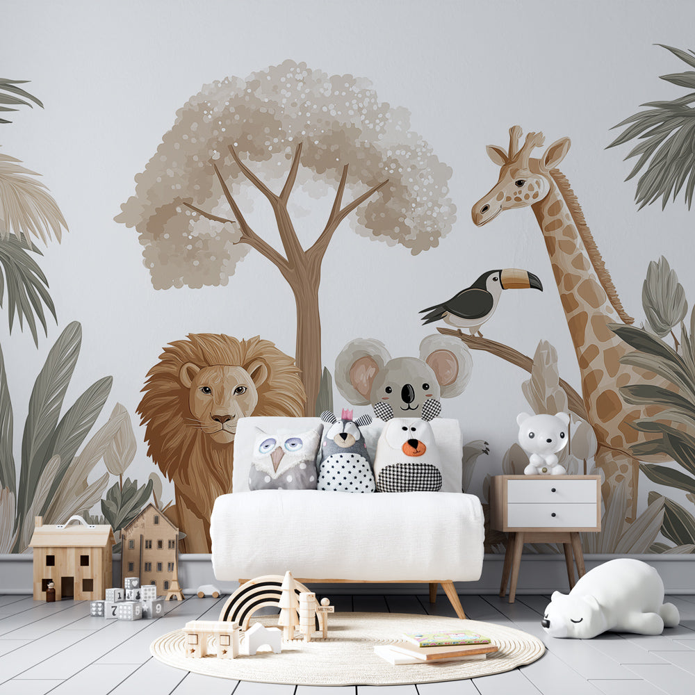 Safari adventure mural wallpaper creating wild animal theme in bright kids playroom by Kids-Mundo