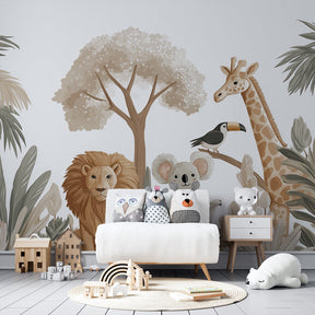 Safari adventure mural wallpaper creating wild animal theme in bright kids playroom by Kids-Mundo