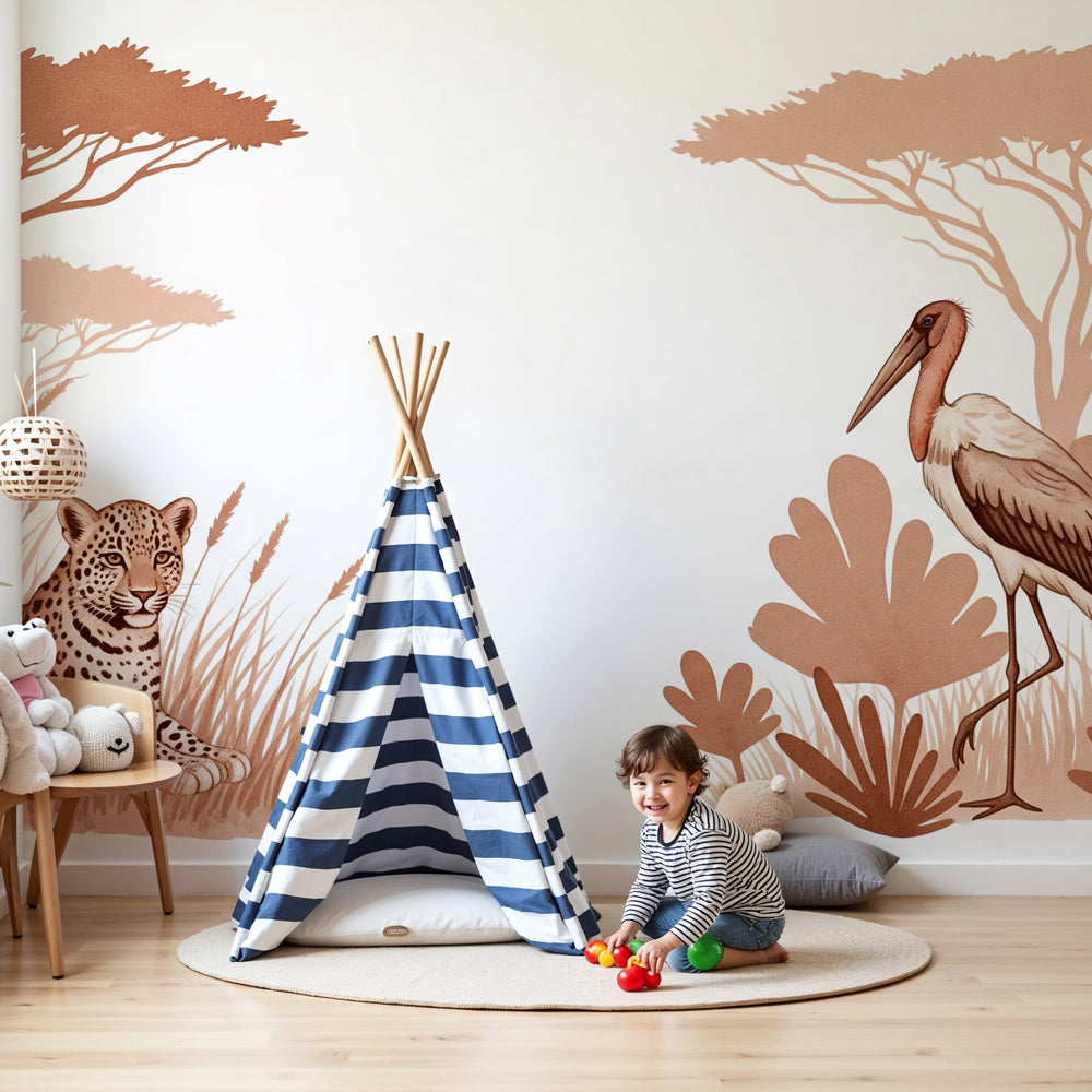 Safari animals mural wallpaper with leopard and flamingo in modern kids bedroom by Kids-Mundo