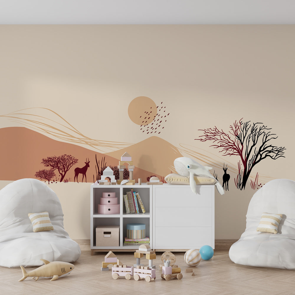Beige terracotta safari mural wallpaper with deer silhouettes in kids room setting