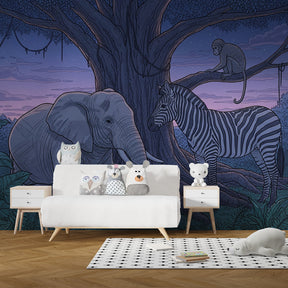 Safari animal wall mural with elephant zebra monkey in modern kids room by Kids-Mundo