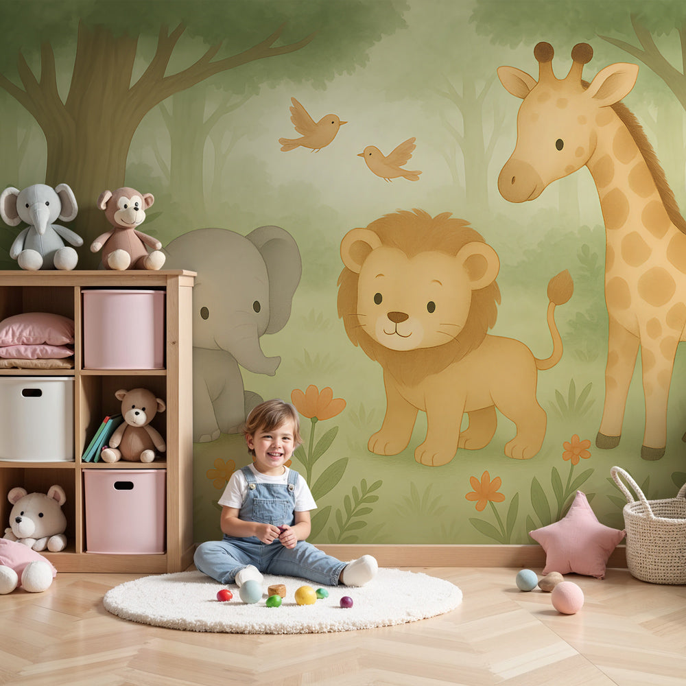 Safari animals mural wallpaper in modern nursery with elephant, lion and giraffe by Kids-Mundo