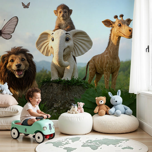 Safari animals mural wallpaper with lion elephant giraffe in modern nursery by Kids-Mundo