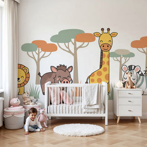 Safari animals mural wallpaper in modern nursery with natural wood crib by Kids-Mundo