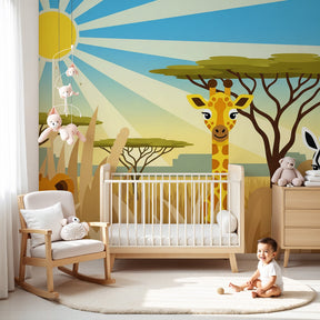 Safari animals mural wallpaper in modern nursery with lion giraffe zebra by Kids-Mundo