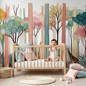Safari animals mural wallpaper with elephants and giraffes in colorful nursery by Kids-Mundo
