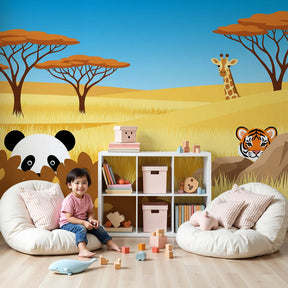 Safari animals mural wallpaper in modern nursery with wooden crib and natural decor by Kids-Mundo