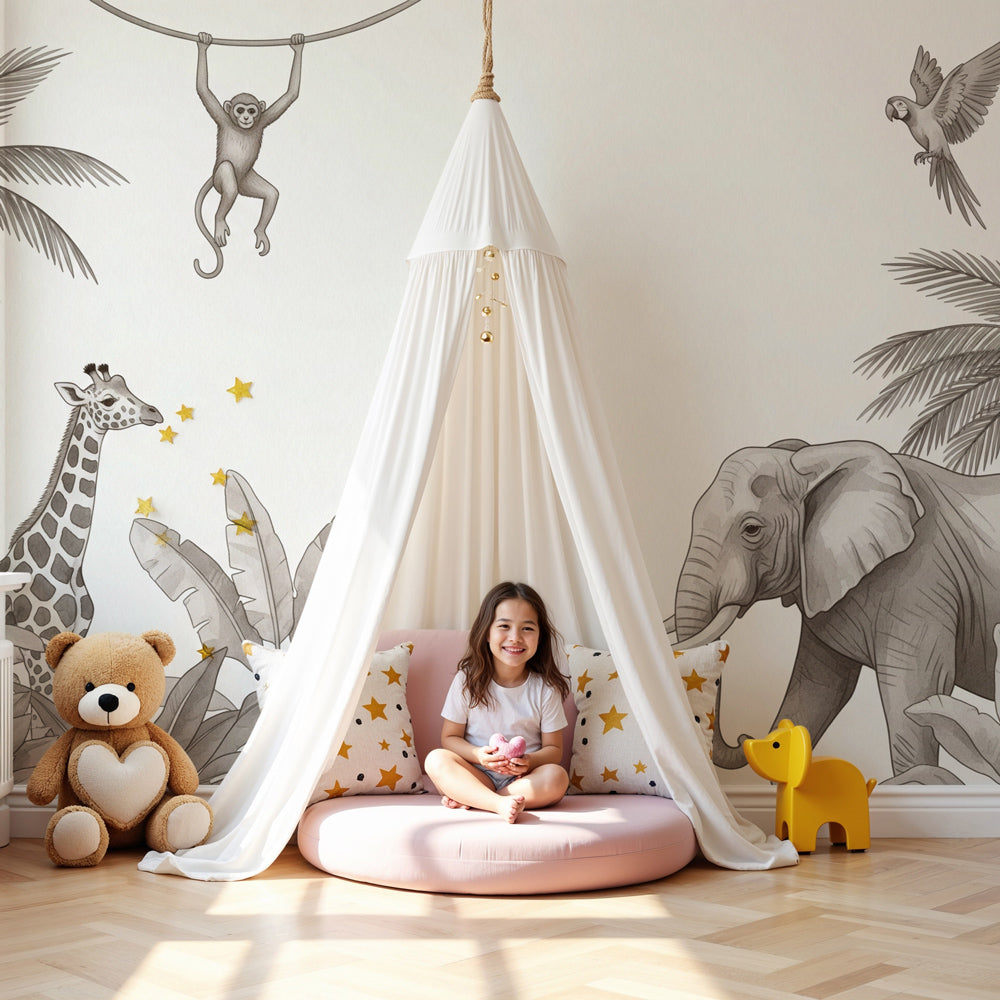 Safari animals mural wallpaper with giraffe and elephant in modern nursery room by Kids-Mundo