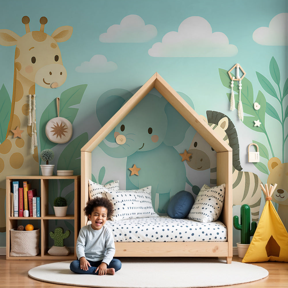 Safari animals mural wallpaper creating magical nursery decor with jungle friends by Kids-Mundo