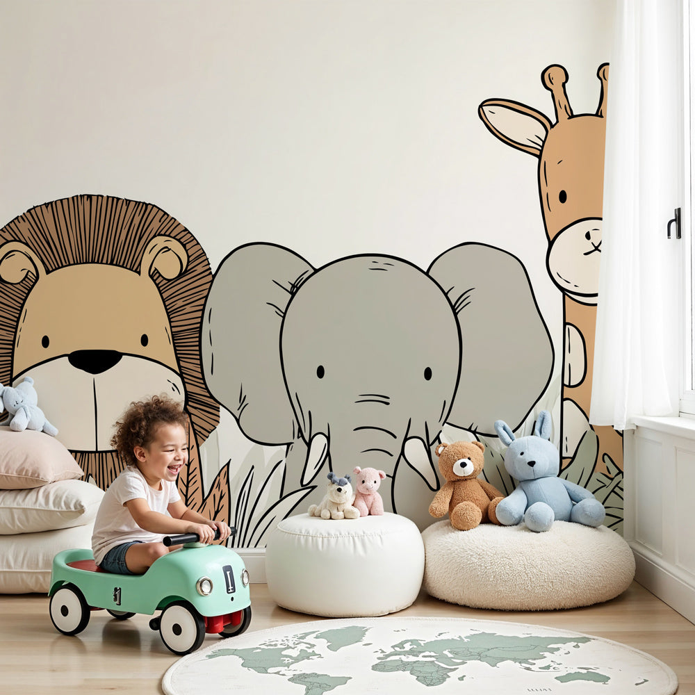 Safari animals mural wallpaper featuring lion, elephant and giraffe in modern nursery by Kids-Mundo