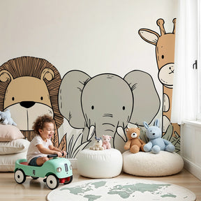 Safari animals mural wallpaper featuring lion, elephant and giraffe in modern nursery by Kids-Mundo