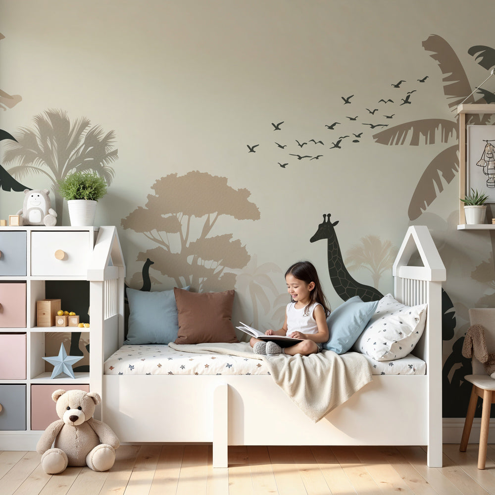 Safari animals mural wallpaper with elephant and giraffe silhouettes in colorful nursery by Kids-Mundo