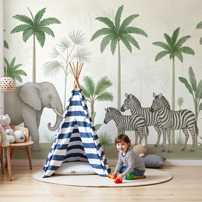 Safari animals mural wallpaper with elephant and zebras in modern nursery by Kids-Mundo