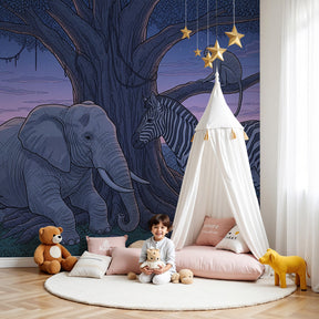 Safari animals mural wallpaper with elephant and zebra in peaceful nursery setting by Kids-Mundo