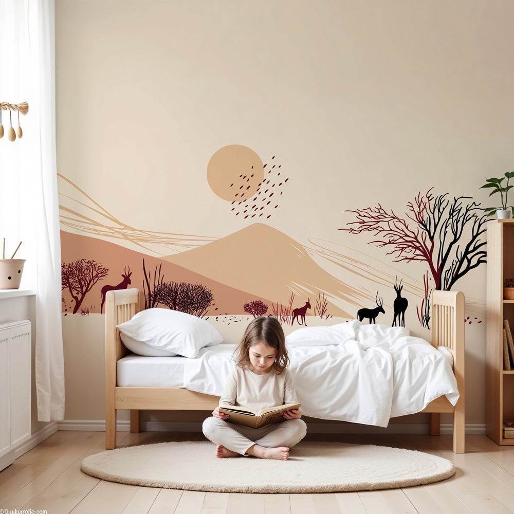 Safari animals mural wallpaper in cozy nursery with natural wood furniture by Kids-Mundo