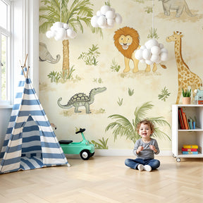 Safari animals mural wallpaper creating adventure-themed nursery with exotic wildlife and palm trees by Kids-Mundo