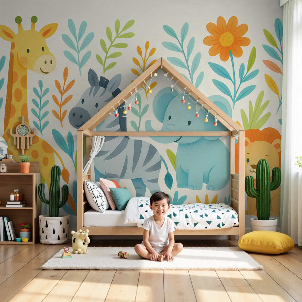 Safari animals mural wallpaper with giraffe and elephant in modern nursery by Kids-Mundo