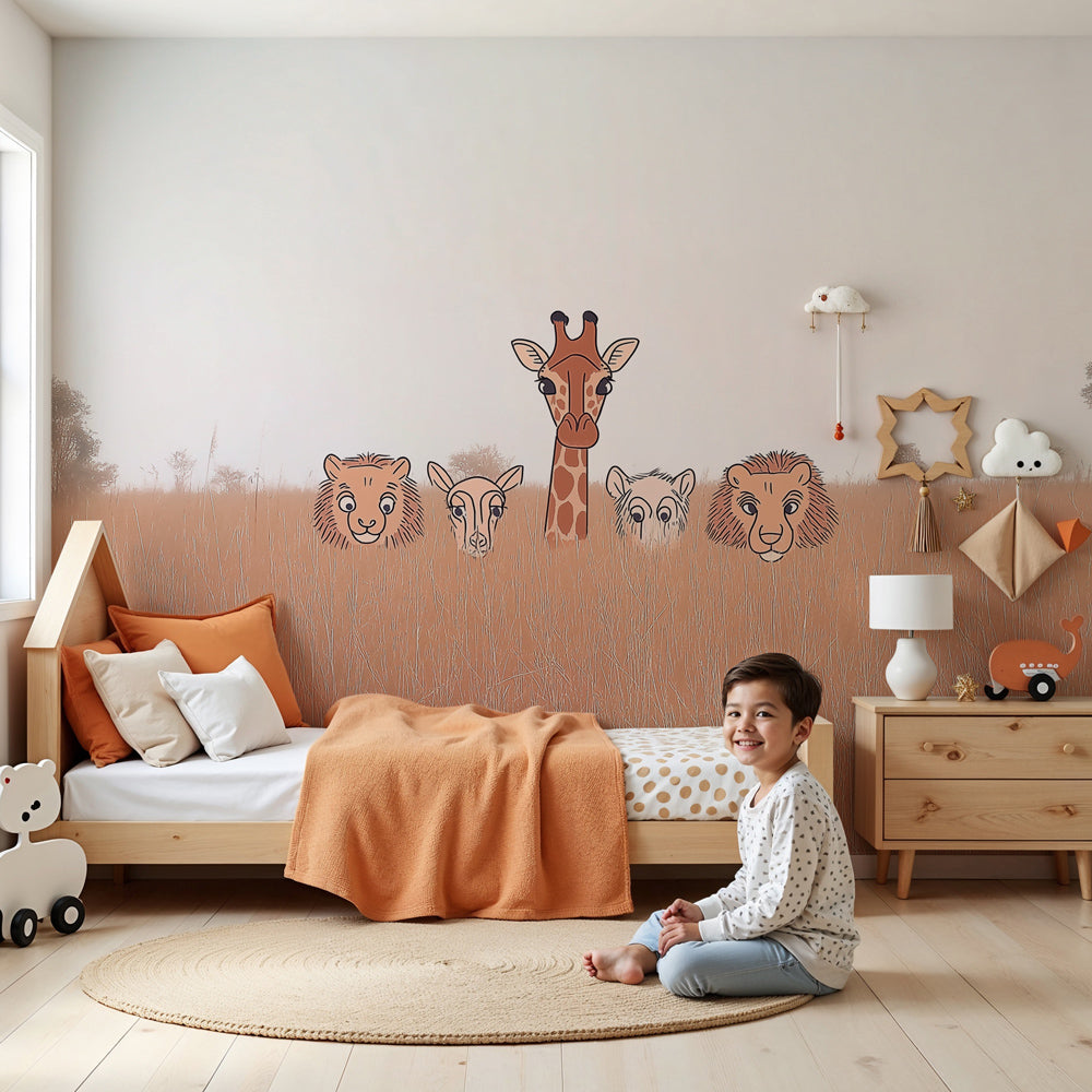 Safari animals mural wallpaper with giraffe and lions in modern nursery room by Kids-Mundo