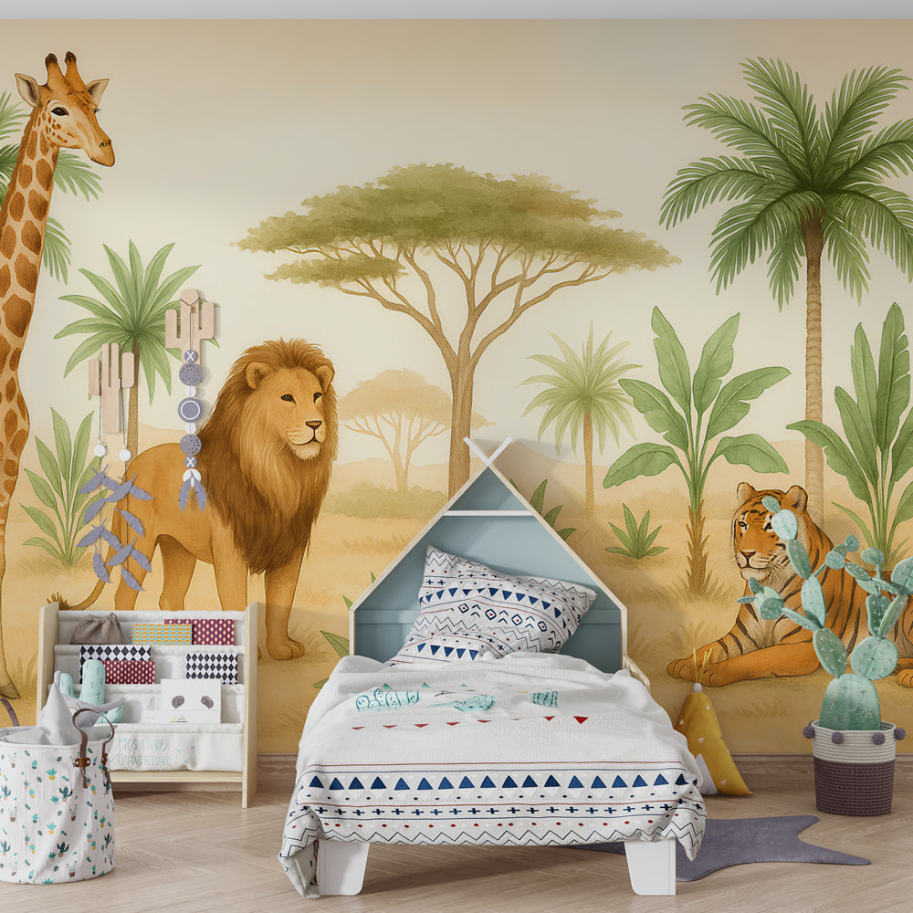 Majestic wildlife mural wallpaper creating adventurous nursery decor with safari theme