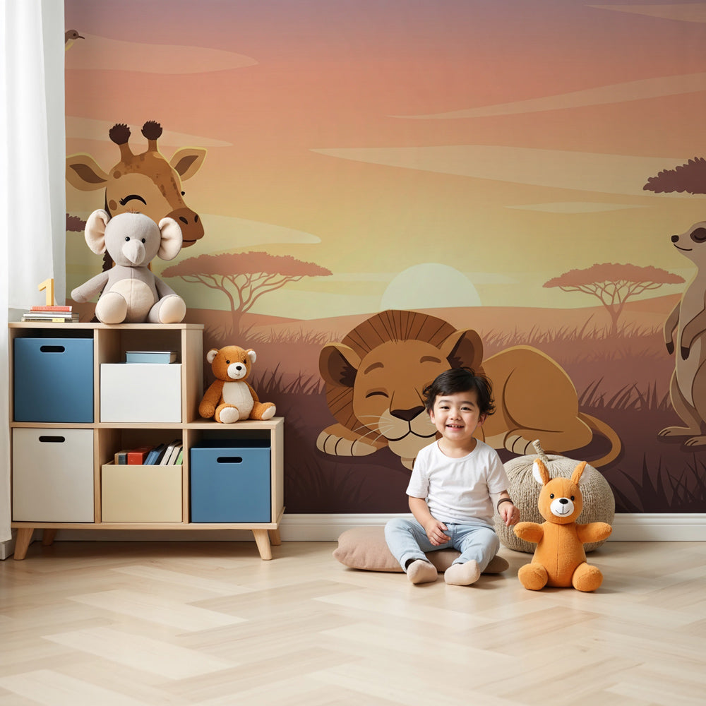 Safari animals mural wallpaper in modern nursery with sunset savanna scene by Kids-Mundo