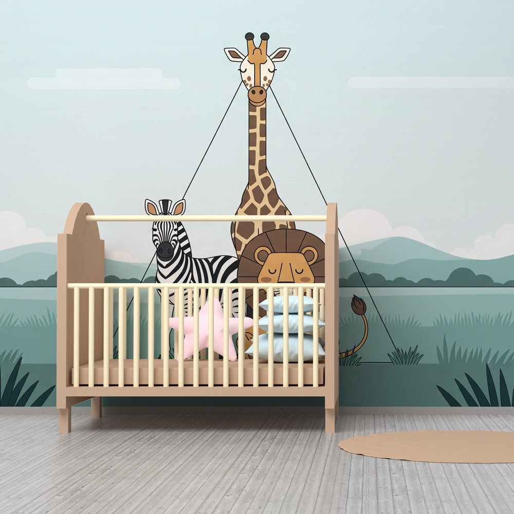 Safari themed nursery featuring gentle animals wallpaper with pastel colors and natural decor