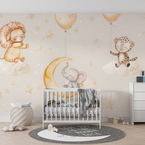Cloud and stars safari wallpaper complementing modern nursery furniture and decor by Kids-Mundo