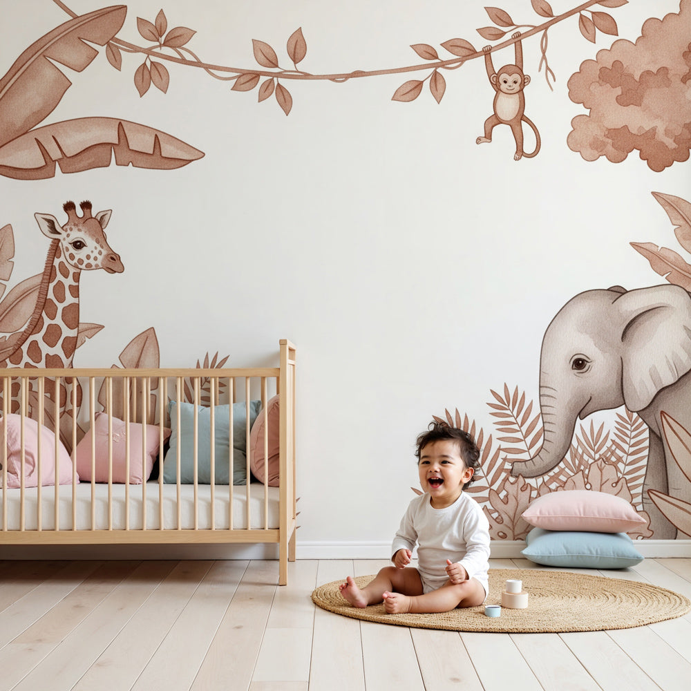 Safari animals mural wallpaper with giraffe and elephant in peaceful nursery setting by Kids-Mundo