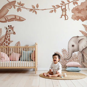 Safari animals mural wallpaper with giraffe and elephant in peaceful nursery setting by Kids-Mundo