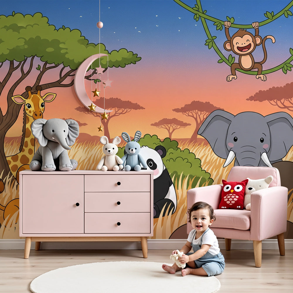 Safari animals mural wallpaper featuring cute wildlife in modern nursery by Kids-Mundo