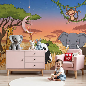 Safari animals mural wallpaper featuring cute wildlife in modern nursery by Kids-Mundo