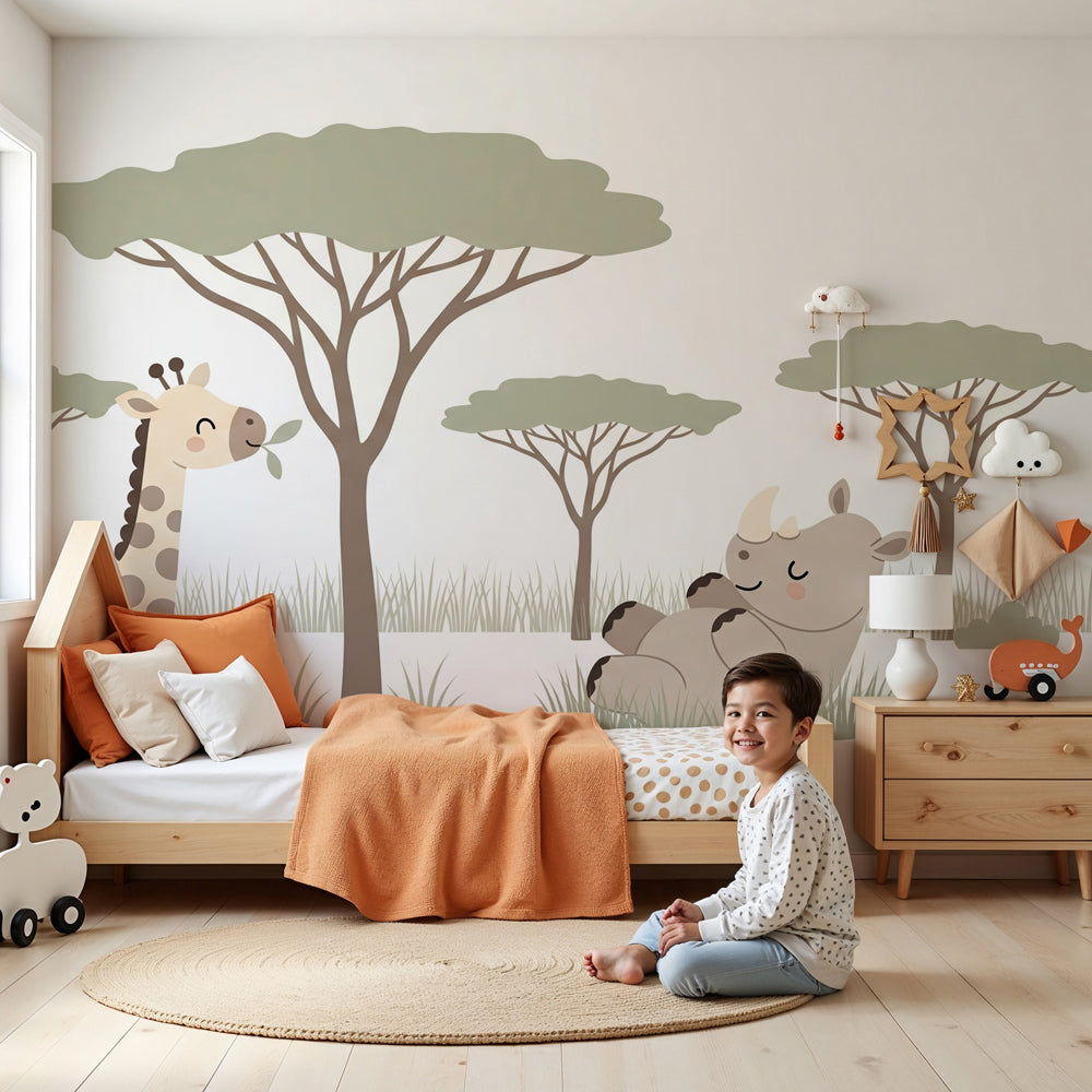 Safari animals mural wallpaper with giraffe and rhino in modern nursery room by Kids-Mundo