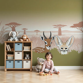 Safari animals mural wallpaper creating peaceful nursery decor with natural wildlife theme by Kids-Mundo