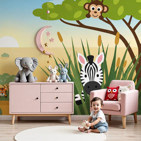 Safari animals mural wallpaper with zebra and tiger creating wild adventure in modern kids nursery by Kids-Mundo