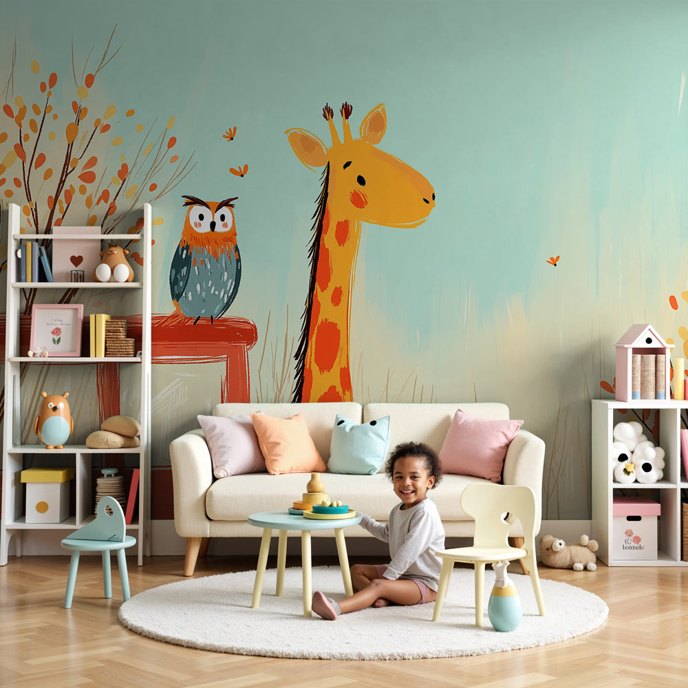 Safari animals mural wallpaper with giraffe and owl in cozy nursery setting by Kids-Mundo