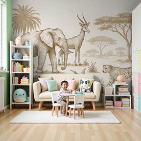Safari animals mural wallpaper with elephants and leopards in modern nursery by Kids-Mundo
